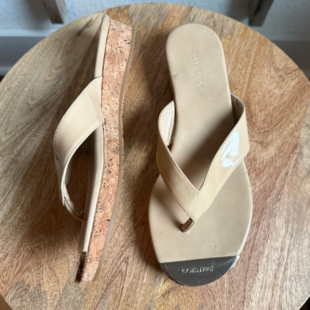 Jimmy Choo Pence Cork Wedge Patent Thong Sandals sz: 7
